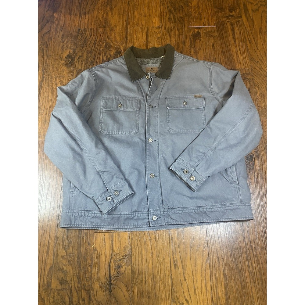 Woolrich Mens XXL Slate Blue Canvas Sherpa Lined Barn Jacket Corduroy Collar